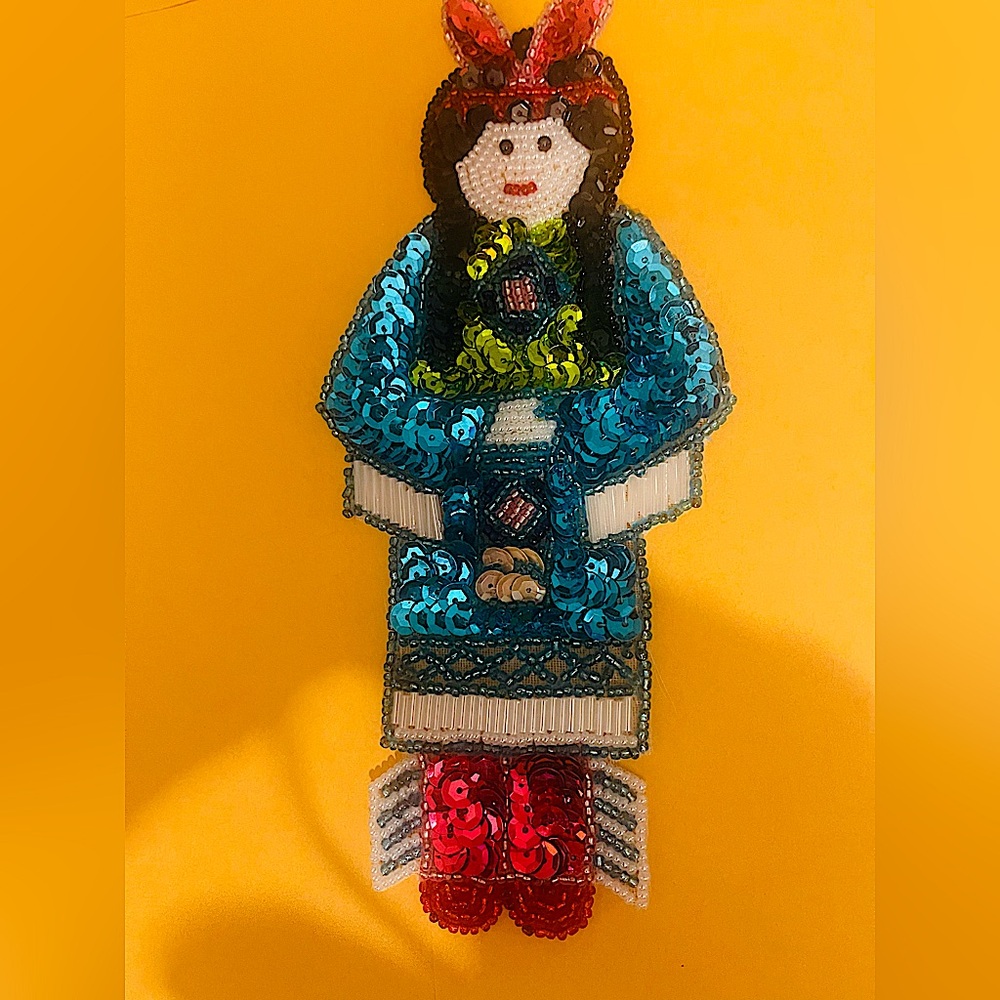 beaded sequin appliqué native American girl 7.5" high vintage costume design